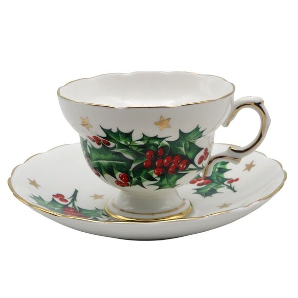 Vintage Rosina Queens Christmas Teacup and Saucer Set Holly with Gold Stars RIA3 - Picture 1 of 10